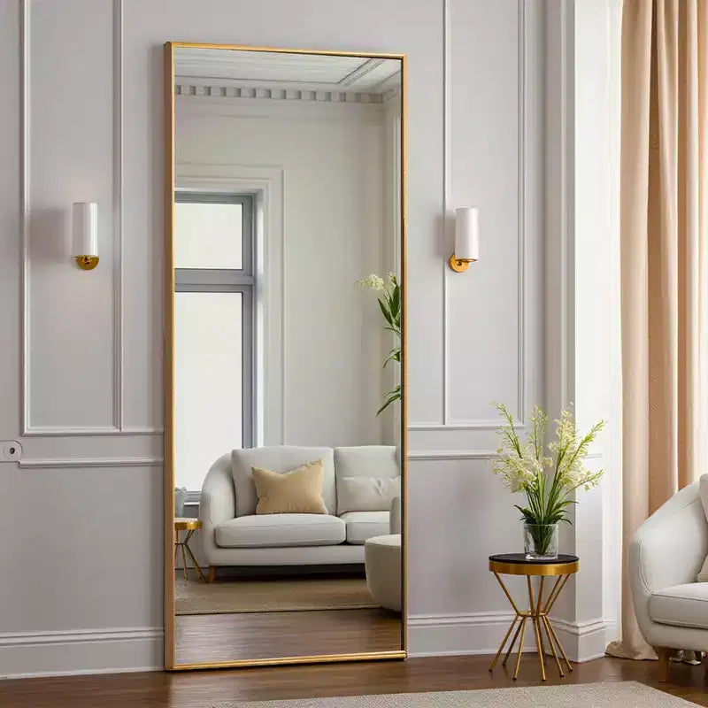 Aluminum Slim-Frame Gold Full-Body Straight Rectangle Mirror with Stand