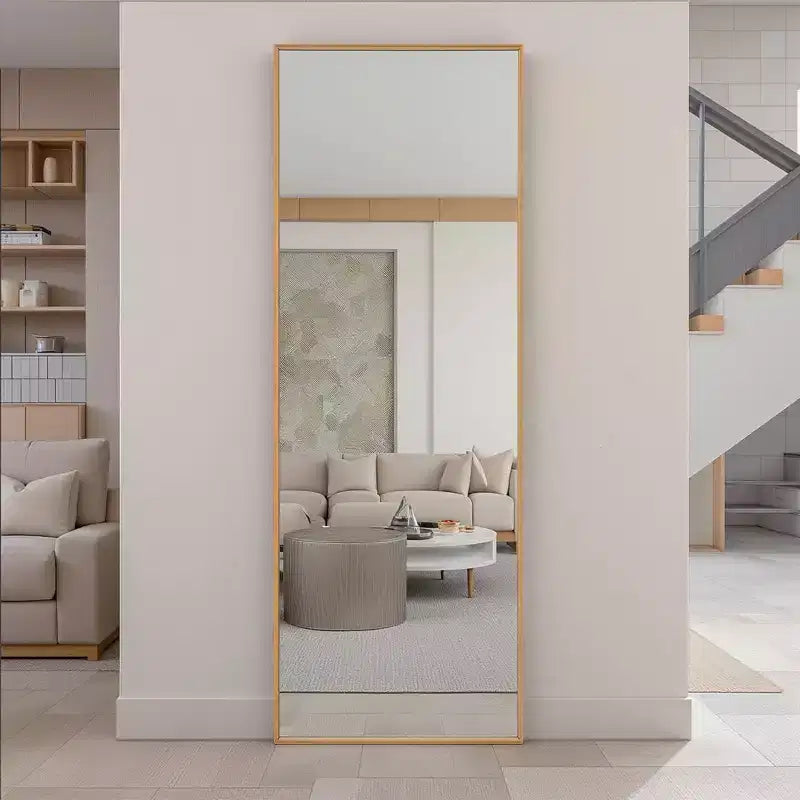 Aluminum Slim-Frame Gold Full-Body Straight Rectangle Mirror with Stand