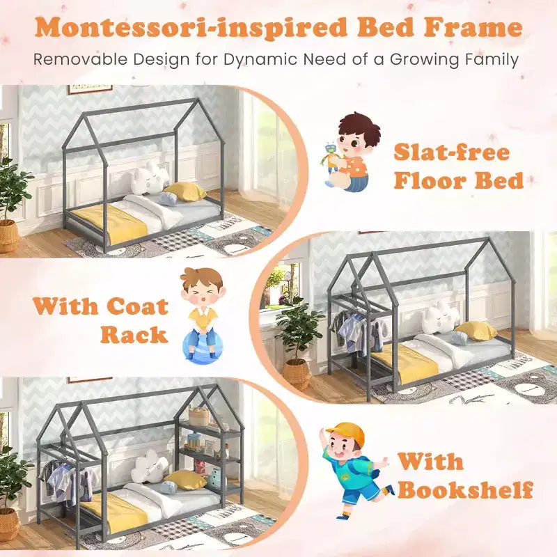 Montessori Hausbett in Einzelbettgröße mit abnehmbaren Ablagefächern Grau/Weiß