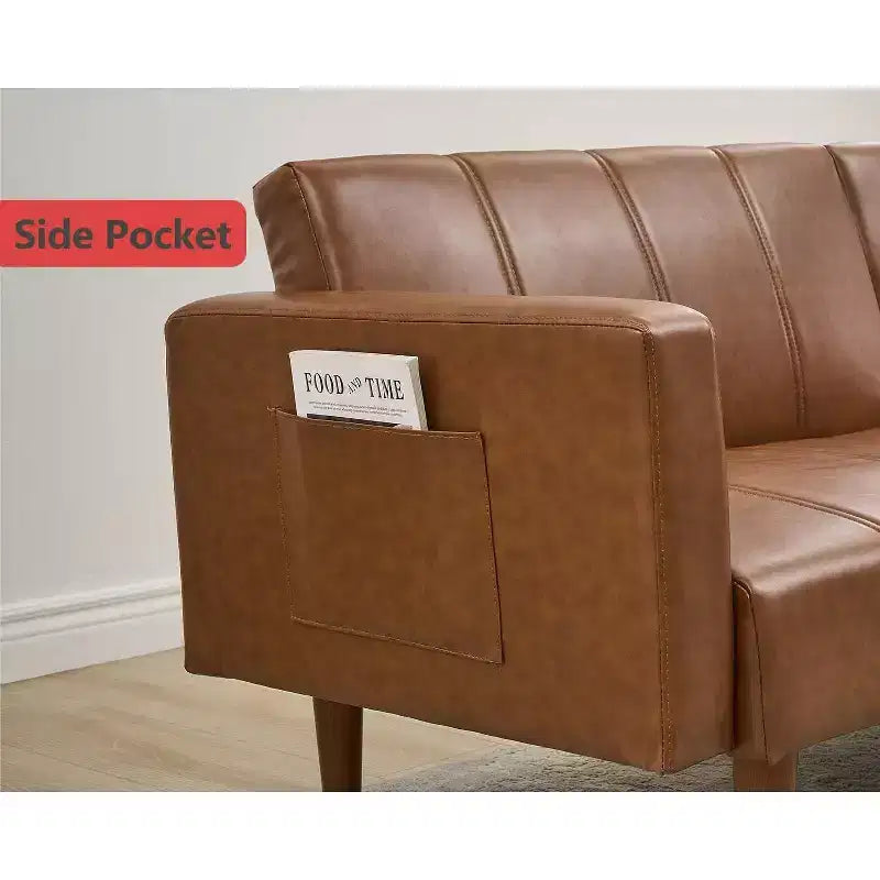 75 Zoll Futon Schlafsofa, Futonsofa im Mid-Century Modern Stil, umwandelbares Schlafsofa mit verstellbarer Rückenlehne, Loveseat mit Seitentaschen, PU-Ledersofa