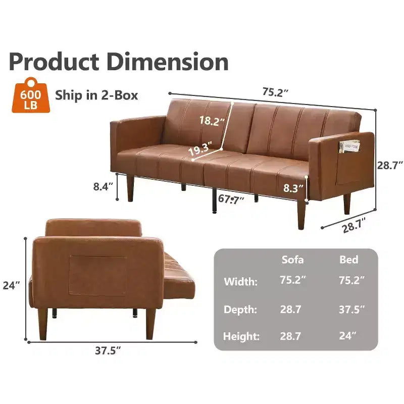 75 Zoll Futon Schlafsofa, Futonsofa im Mid-Century Modern Stil, umwandelbares Schlafsofa mit verstellbarer Rückenlehne, Loveseat mit Seitentaschen, PU-Ledersofa