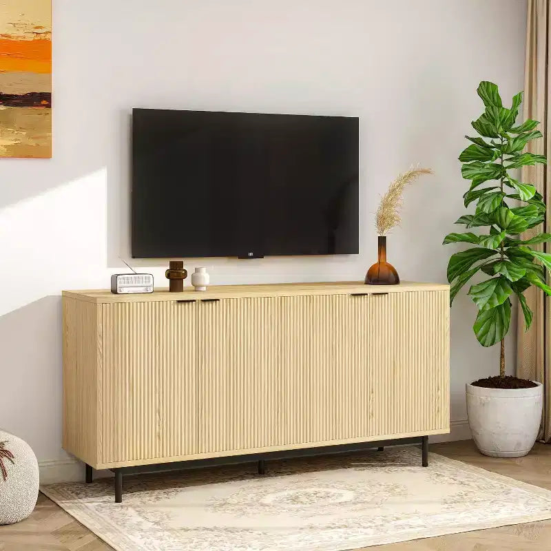 58 Zoll Side Panel Buffet-Schrank mit Stauraum, Lamellenschrank mit verstellbaren Einlegeböden und 4 Türen, Schwarz/Naturholzfarbe