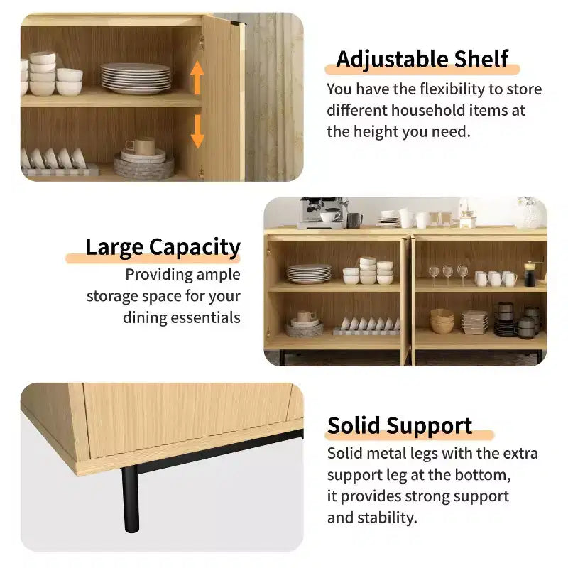 58 Zoll Side Panel Buffet-Schrank mit Stauraum, Lamellenschrank mit verstellbaren Einlegeböden und 4 Türen, Schwarz/Naturholzfarbe