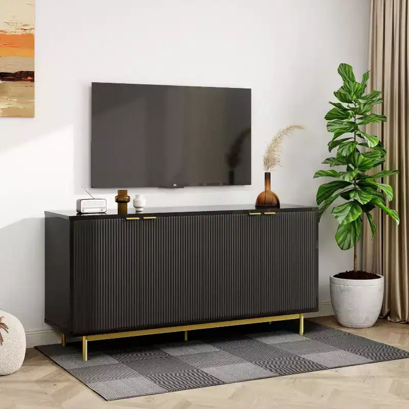 58 Zoll Side Panel Buffet-Schrank mit Stauraum, Lamellenschrank mit verstellbaren Einlegeböden und 4 Türen, Schwarz/Naturholzfarbe