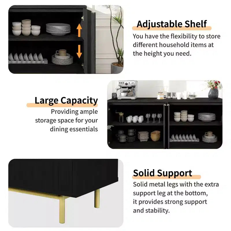 58 Zoll Side Panel Buffet-Schrank mit Stauraum, Lamellenschrank mit verstellbaren Einlegeböden und 4 Türen, Schwarz/Naturholzfarbe
