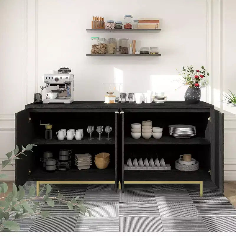 58 Zoll Side Panel Buffet-Schrank mit Stauraum, Lamellenschrank mit verstellbaren Einlegeböden und 4 Türen, Schwarz/Naturholzfarbe