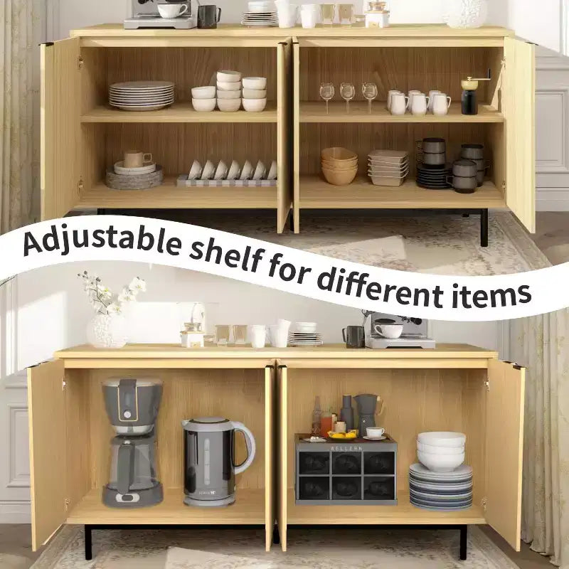 58 Zoll Side Panel Buffet-Schrank mit Stauraum, Lamellenschrank mit verstellbaren Einlegeböden und 4 Türen, Schwarz/Naturholzfarbe