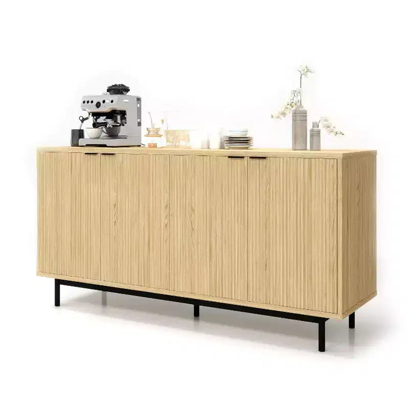 58 Zoll Side Panel Buffet-Schrank mit Stauraum, Lamellenschrank mit verstellbaren Einlegeböden und 4 Türen, Schwarz/Naturholzfarbe