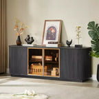 64W Wavy TV Stand with LED Lights, Round Sideboard with Vertical Stripes, Aluminum Door Frame Tempered Glass Storage Cabinet, Black - ModernLuxe