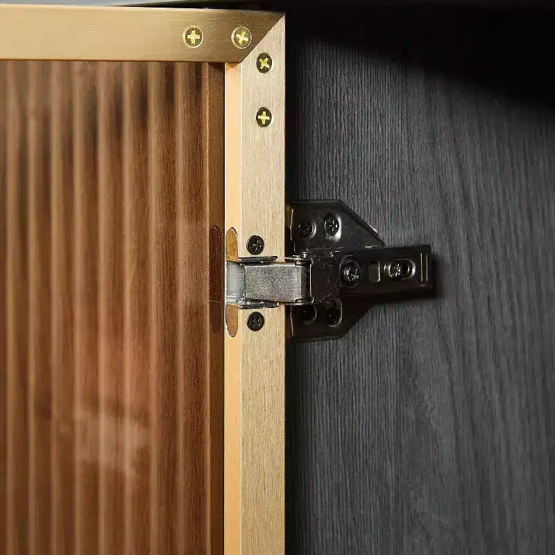 64W Wellenförmiger TV-Ständer mit LED-Beleuchtung, rundes Sideboard mit vertikalen Streifen, Aluminiumtürrahmen aus gehärtetem Glas Aufbewahrungsschrank, Schwarz -