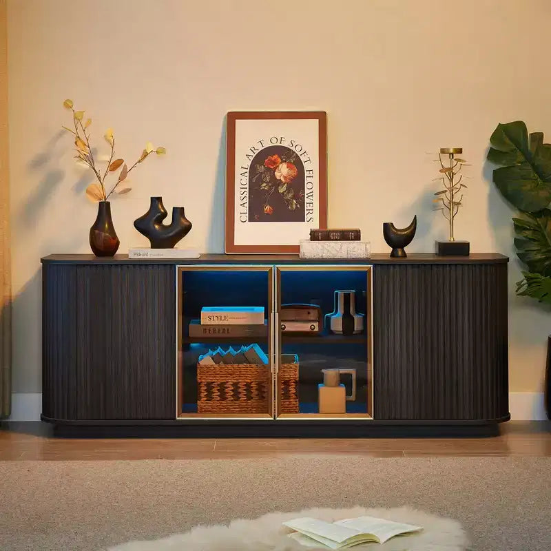 64W Wellenförmiger TV-Ständer mit LED-Beleuchtung, rundes Sideboard mit vertikalen Streifen, Aluminiumtürrahmen aus gehärtetem Glas Aufbewahrungsschrank, Schwarz -