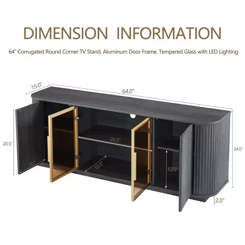 64W Wellenförmiger TV-Ständer mit LED-Beleuchtung, rundes Sideboard mit vertikalen Streifen, Aluminiumtürrahmen aus gehärtetem Glas Aufbewahrungsschrank, Schwarz -