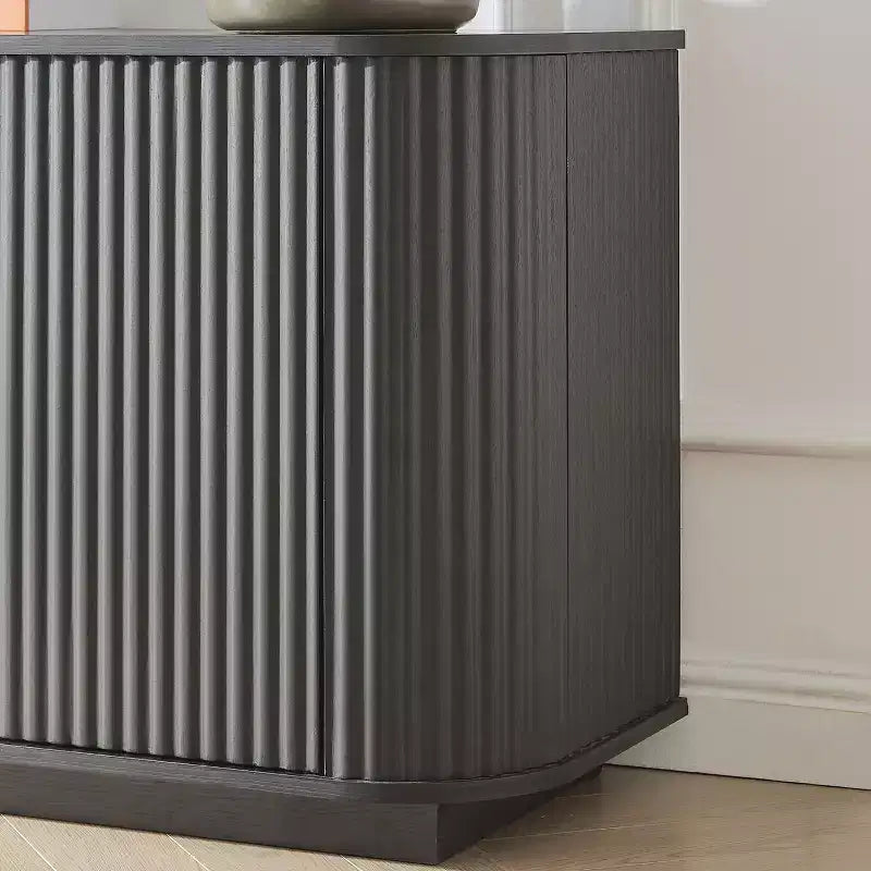 64W Wellenförmiger TV-Ständer mit LED-Beleuchtung, rundes Sideboard mit vertikalen Streifen, Aluminiumtürrahmen aus gehärtetem Glas Aufbewahrungsschrank, Schwarz -