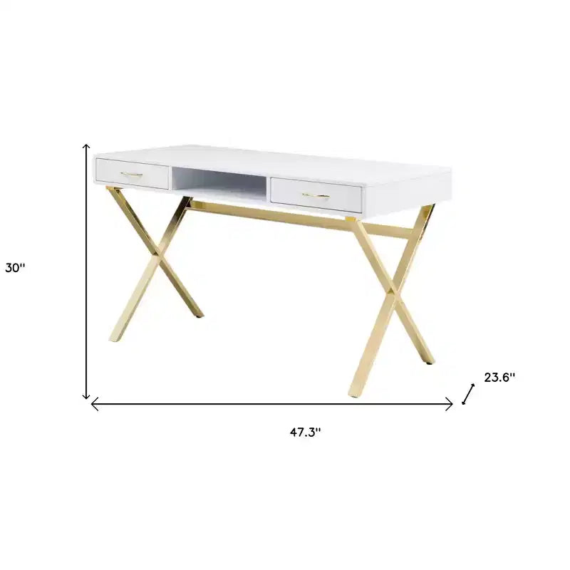 47 Weiß-Gold Holz- und Metall-Computertisch mit zwei Schubladen