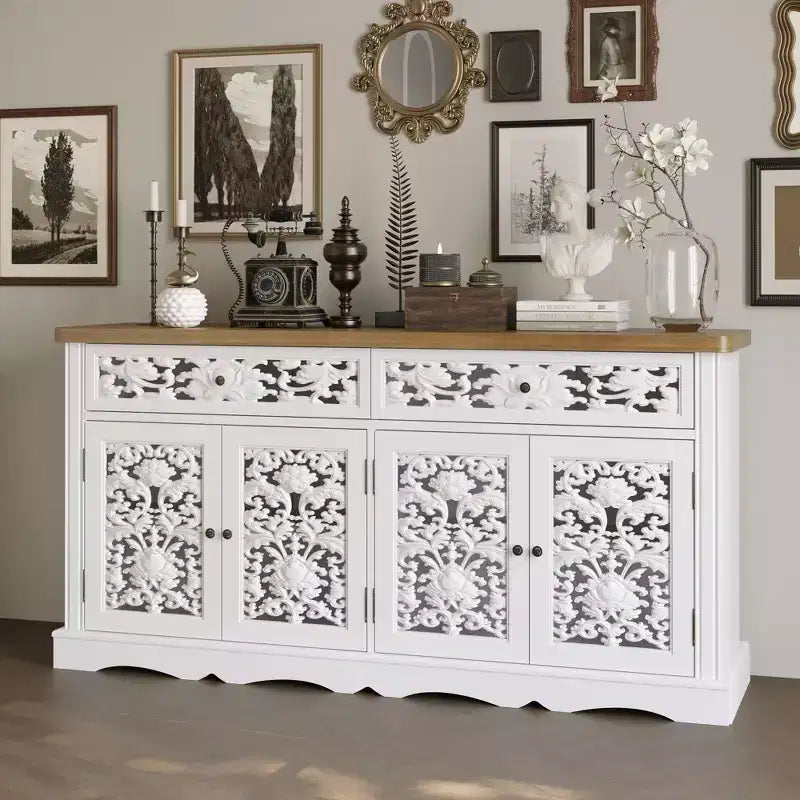 Weißes Sideboard/Akzentschrank mit hohlem Relief – gemusterte Türen, Bücherregal