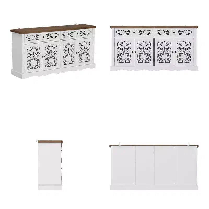 Weißes Sideboard/Akzentschrank mit hohlem Relief – gemusterte Türen, Bücherregal