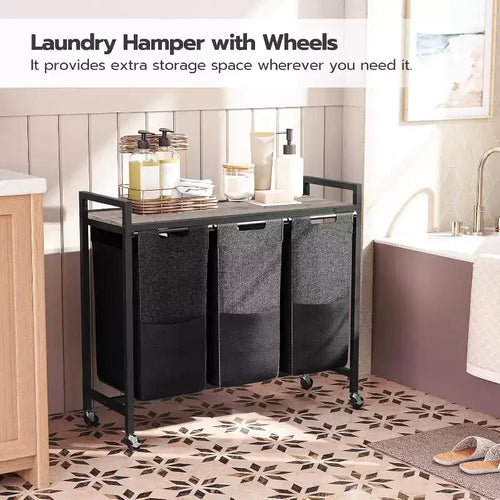 ACOINEL 3 Section Laundry Sorter, 311.5 Gal (43.4L) Rolling Laundry Hamper with Wheels, Greige & Black for Laundry Room Bathroom Bedroom