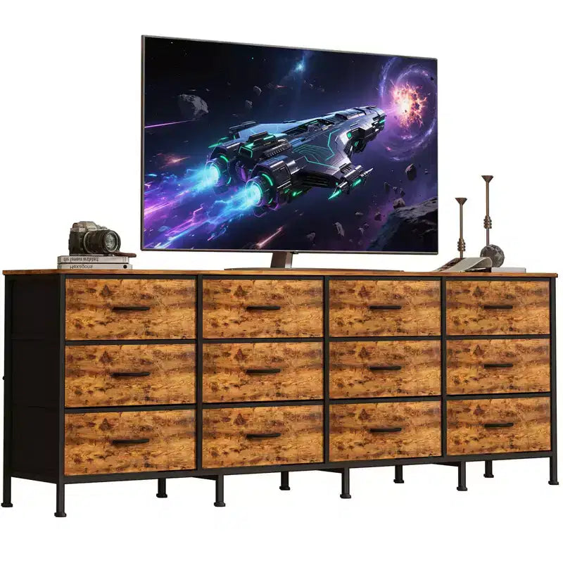 12 Schubladen Kommode für Schlafzimmer, 70 Zoll langer TV-Ständer für 65, 75, 80 Zoll Fernseher, großes Unterhaltungszentrum für Wohnzimmer, Eingangsbereich