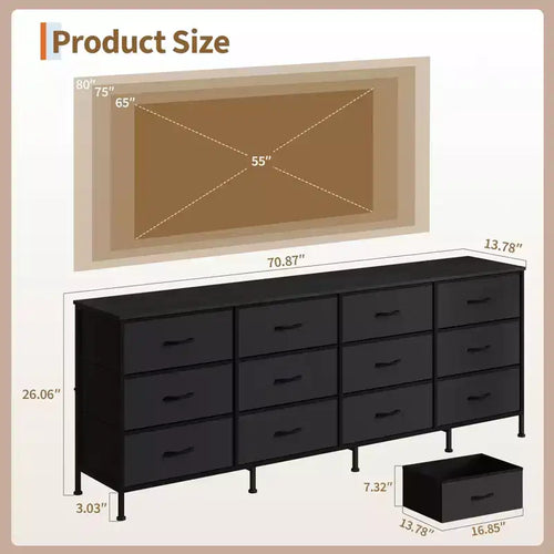 12 Drawer Dresser for Bedroom, 70 Long TV Stand for 65, 75, 80 Inch TV, Large Entertainment Center for Living Room, Entryway
