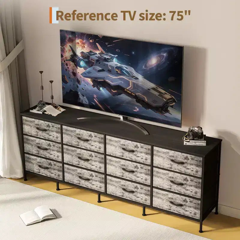 12 Schubladen Kommode für Schlafzimmer, 70 Zoll langer TV-Ständer für 65, 75, 80 Zoll Fernseher, großes Unterhaltungszentrum für Wohnzimmer, Eingangsbereich