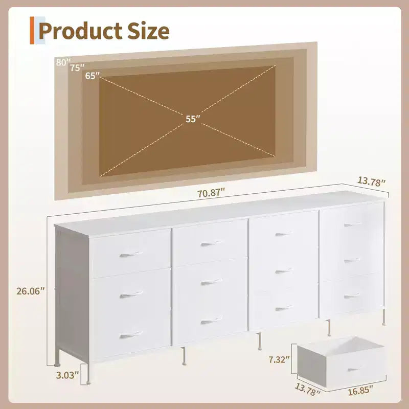 12 Schubladen Kommode für Schlafzimmer, 70 Zoll langer TV-Ständer für 65, 75, 80 Zoll Fernseher, großes Unterhaltungszentrum für Wohnzimmer, Eingangsbereich