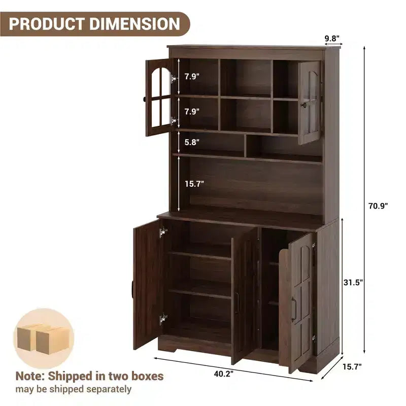 70.9" Hoher Vorratsschrank mit Glastüren, Küchenschrank mit Aufsatz für Esszimmer & Wohnzimmer