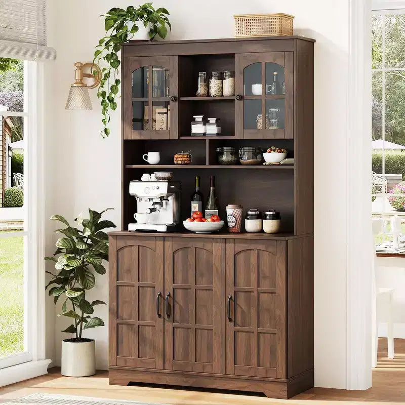 70.9" Hoher Vorratsschrank mit Glastüren, Küchenschrank mit Aufsatz für Esszimmer & Wohnzimmer