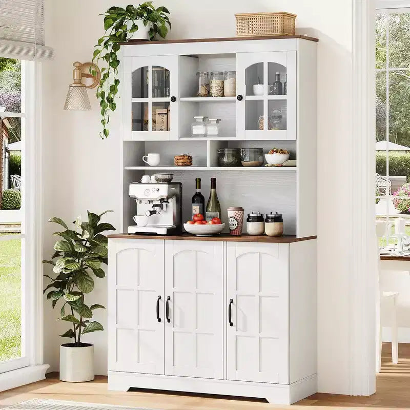 70.9" Hoher Vorratsschrank mit Glastüren, Küchenschrank mit Aufsatz für Esszimmer & Wohnzimmer