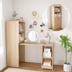 Extendable Desk with Storage Shelves & Casters, Foldable Design for Small Spaces & Offices (Burlywood)