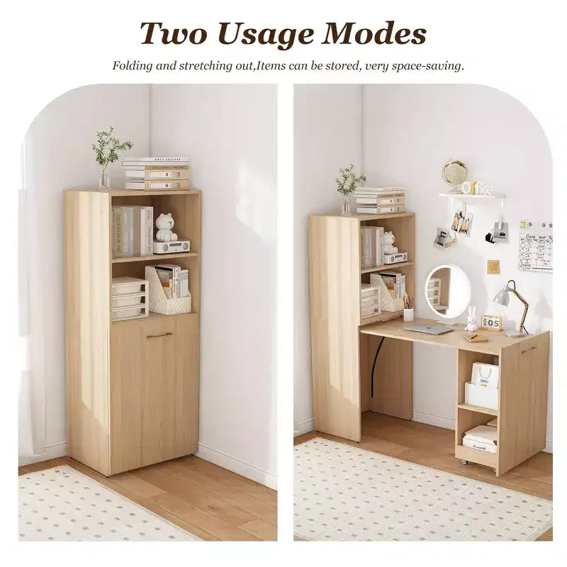 Ausziehbarer Schreibtisch mit Ablageflächen und Rollen, klappbares Design für kleine Räume und Büros (Burlywood)