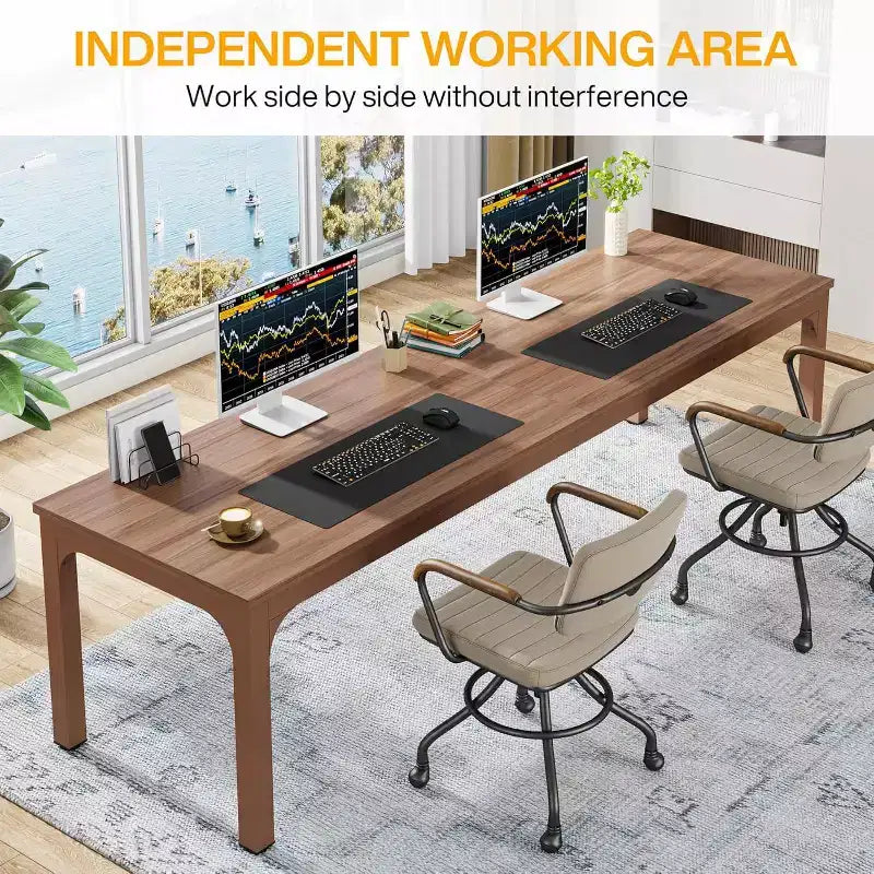 78,7 Zoll extra langer Computertisch, 2-Personen-Doppelarbeitsplatz für Home Office, Kaffeebraun