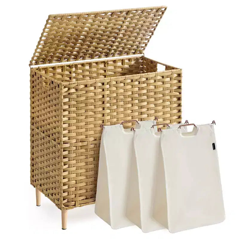 Wäschekorb mit Deckel, PE-Rattan-Wäschekorb mit herausnehmbarem Futter, Aufbewahrungskorb, 3-Fach-Wäschekorb, 160 l