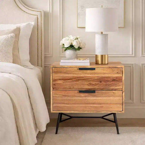 2 Drawer Wooden Nightstand with Metal Angled Legs Brown/Black