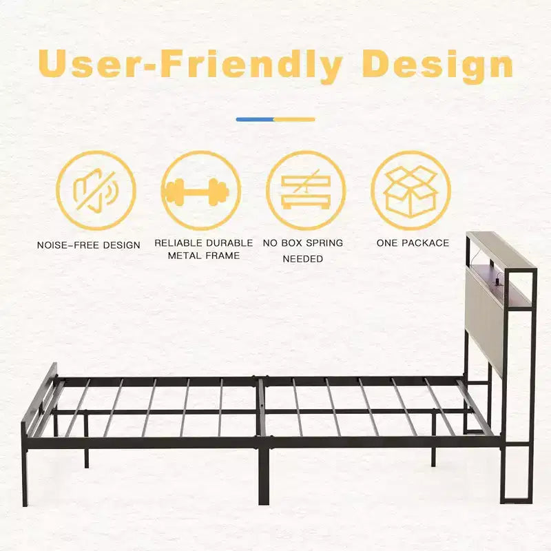 Doppelbettgestell mit Stauraum-Kopfteil, Metallplattformbett mit gummiertem Stopper, geräuschfreiem Design und großem Stauraum für Schlafzimmer
