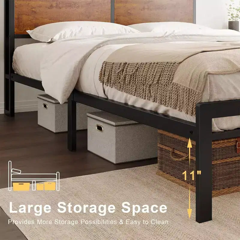 Doppelbettgestell mit Stauraum-Kopfteil, Metallplattformbett mit gummiertem Stopper, geräuschfreiem Design und großem Stauraum für Schlafzimmer