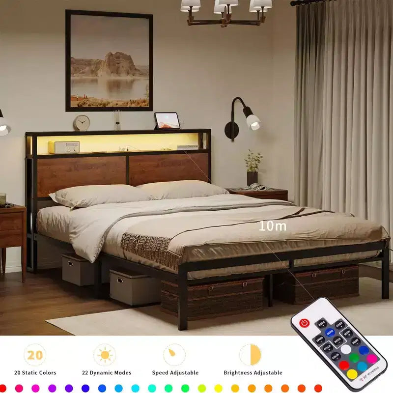 Doppelbettgestell mit Stauraum-Kopfteil, Metallplattformbett mit gummiertem Stopper, geräuschfreiem Design und großem Stauraum für Schlafzimmer