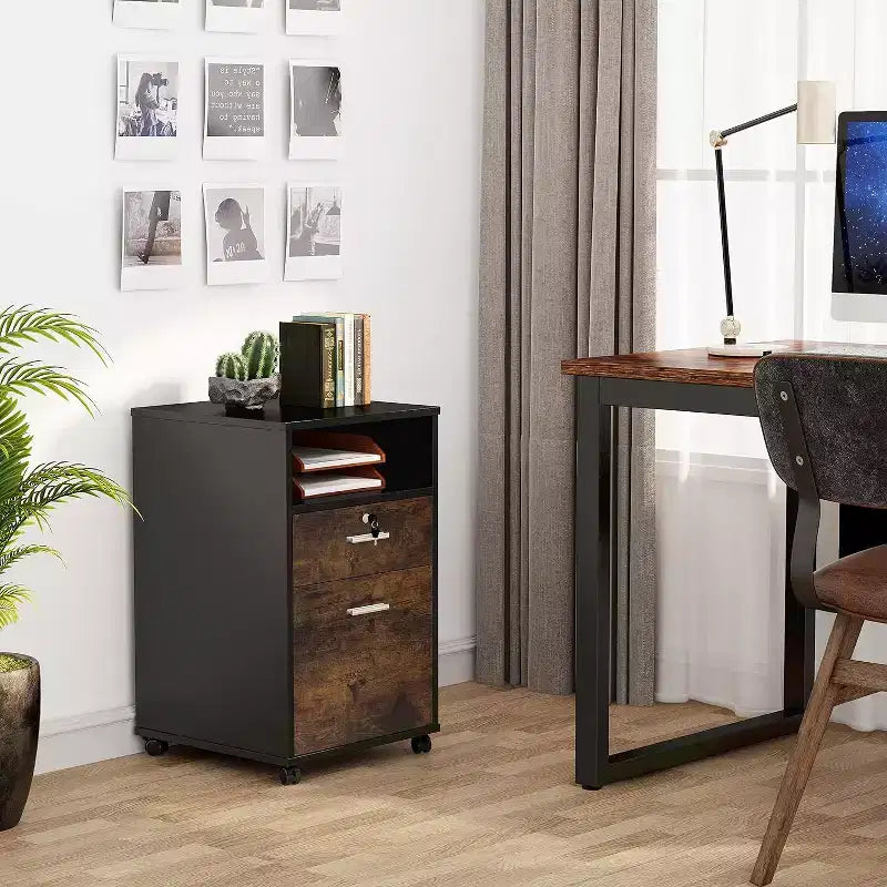 2 Schubladen Holzaktenschrank mit Schloss, Druckerstand mit Rollen