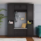Famapy Black 6-Door Wardrobe Closet Hall Tree with Bench Hanging Rods and Hooks