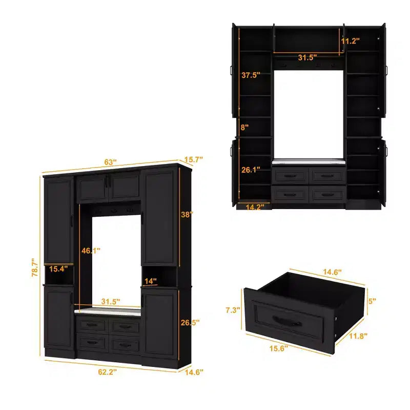 Black 6-Door Wardrobe Closet Hall Tree with Bench Hanging Rods and Hooks